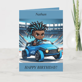 チビ(小さくかわいく書いた感じ)ボーイダースレーシングカー誕生日カード シーズンカード