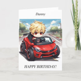チビ(小さくかわいく書いた感じ)ボーイレーシングカー誕生日カード シーズンカード