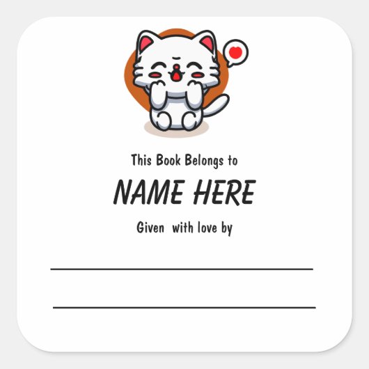 チビ(小さくかわいく書いた感じ)ラブキャットの子ども蔵書票とメッセージ スクエアシール (正面)
