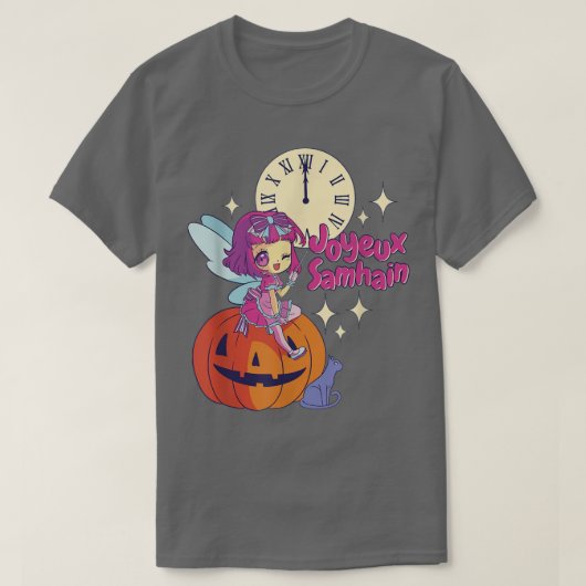 チビ（小さくかわいく書いた感じ）妖精ゴッドマザーブラックキャットパンプキンハロウィーン Tシャツ (デザイン正面)
