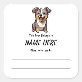 チビ（小さくかわいく書いた感じ）子犬の蔵書票とメッセージ スクエアシール