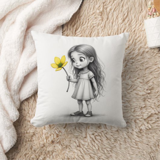 チビ（小さくかわいく書いた感じ）小さな女の子付き花 クッション (ブランケット)