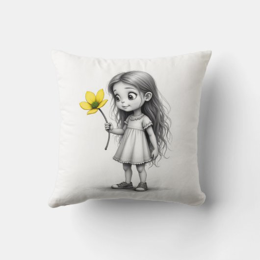 チビ（小さくかわいく書いた感じ）小さな女の子付き花 クッション (裏面)