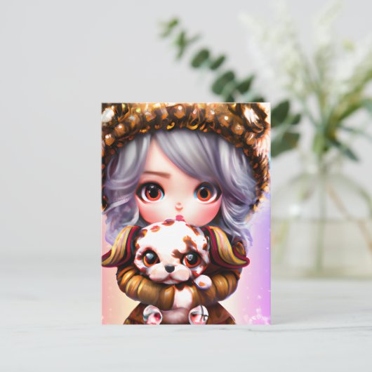 チビ（小さくかわいく書いた感じ）愛らしい小さな女の子冬の服 ポストカード (スタンド正面)