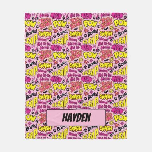 チビ（小さくかわいく書いた感じ）漫画フレーズとロゴパターン フリースブランケット (正面)