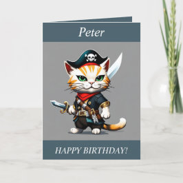 チビ(小さくかわいく書いた感じ)猫が海賊カードに身を包んだ誕生日 シーズンカード