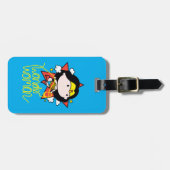 チビ（小さくかわいく書いた感じ）疑問に思投げ飛んでいる縄付き女性 ラゲッジタグ (正面横)