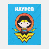 チビ（小さくかわいく書いた感じ）疑問に思水玉模様とロゴ付き女性 フリースブランケット (正面)