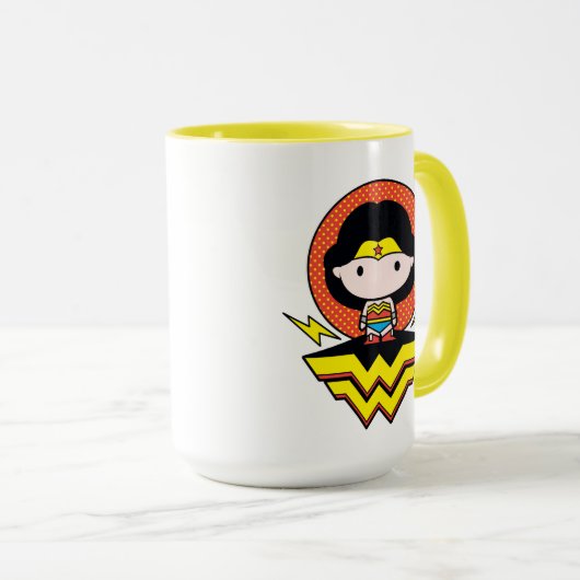 チビ(小さくかわいく書いた感じ)疑問に思水玉模様とロゴ付き女性 マグカップ (正面右)