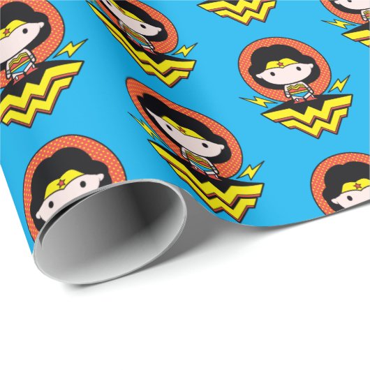 チビ(小さくかわいく書いた感じ)疑問に思水玉模様とロゴ付き女性 ラッピングペーパー (ロールコーナー)