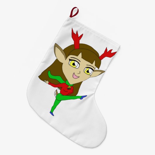 チビ（小さくかわいく書いた感じ）踊りトナカイ ラージクリスマスストッキング (正面 (吊り時))