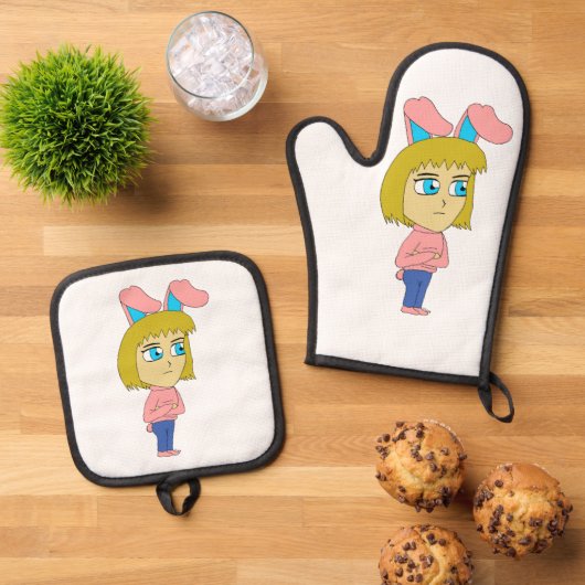 チビ（小さくかわいく書いた感じ） 鍋つかみ&鍋敷きセット (トップダウン)