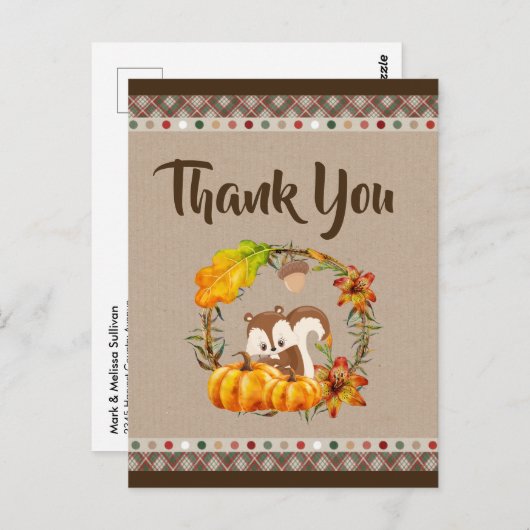 チプムンクとカボチャの秋素朴ありがとう ポストカード (正面/裏面)