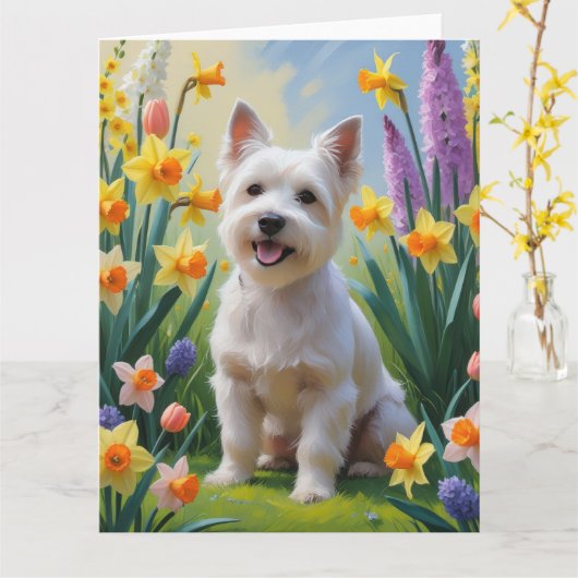 チベタン・テリア犬 春の花の絵 カード (黄色い花)
