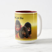 チベタン・マスティフのブラウンの子犬私達は愛します ツートーンマグカップ (正面右)