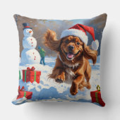 チベットのスパニエル犬走のクリスマス帽子と雪の中 クッション (正面)