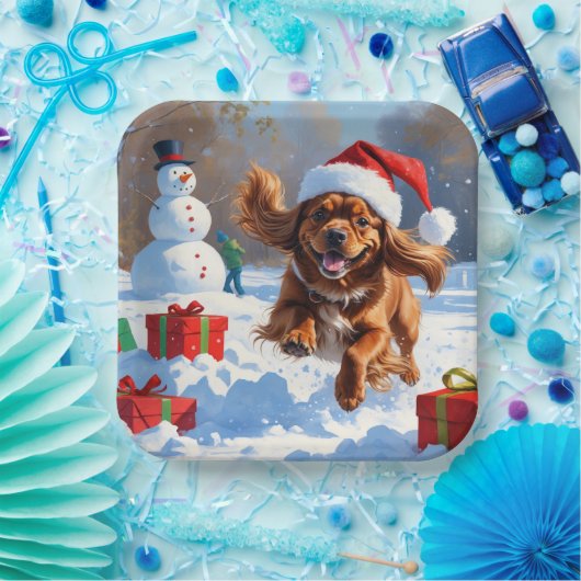 チベットのスパニエル犬走のクリスマス帽子と雪の中 ペーパープレート (パーティー)