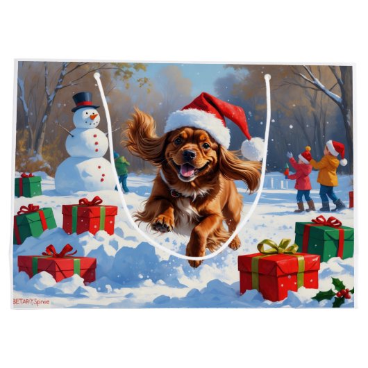 チベットのスパニエル犬走のクリスマス帽子と雪の中 ラージペーパーバッグ (裏面)