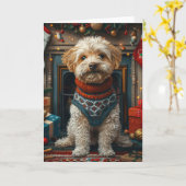 チベットのテリア犬とクリスマスプレゼント暖炉 カード (黄色い花)