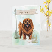 チベットのマスティフ犬の品種の下の誕生日標識 カード (黄色い花)