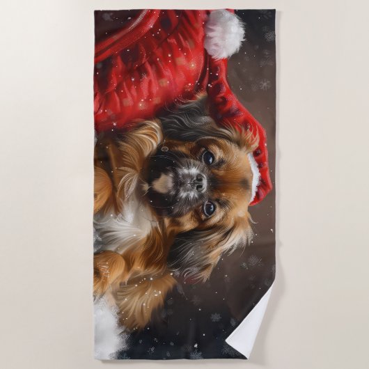 チベットスパニエル犬ドッグクリスマスフェスティバル ビーチタオル (正面)