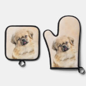 チベットスパニエル犬絵を描のクリームとホワイトドッグアート 鍋つかみ&鍋敷きセット (正面)