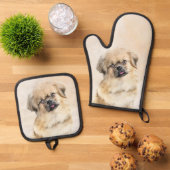 チベットスパニエル犬絵を描のクリームとホワイトドッグアート 鍋つかみ&鍋敷きセット (トップダウン)