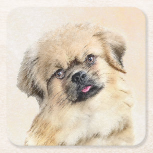 チベットスパニエル犬絵画ズ – かわいいオリジナルドッグアート スクエアペーパーコースター