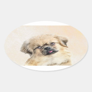 チベットスパニエル犬絵画ズ – かわいいオリジナルドッグアート 楕円形シール