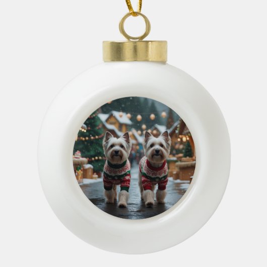 チベットテリアの犬のクリスマススノーハoliday セラミックボールオーナメント (正面)