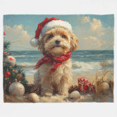 チベットテリアドッグクリスマスヴィンテージビーチ フリースブランケット (正面(横))