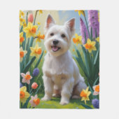 チベットテリアドッグ春の花絵を描ズ フリースブランケット (正面)