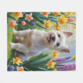 チベットテリアドッグ春の花絵を描ズ フリースブランケット (正面(横))