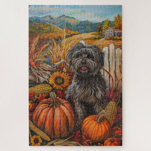 チベットテリア犬の秋の収穫感謝祭 ジグソーパズル (縦)
