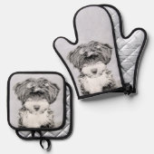 チベットテリア絵を描ーの白黒ドッグアート 鍋つかみ&鍋敷きセット (正面/裏面)