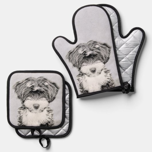 チベットテリア絵を描ーの白黒ドッグアート 鍋つかみ&鍋敷きセット (正面/裏面)