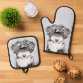 チベットテリア絵を描ーの白黒ドッグアート 鍋つかみ&鍋敷きセット (トップダウン)