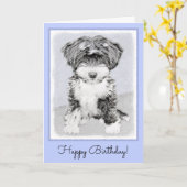 チベットテリア絵画ズ – かわいいオリジナルドッグアート カード (黄色い花)