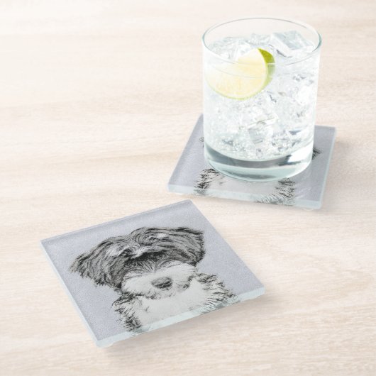 チベットテリア絵画ズ – かわいいオリジナルドッグアート ガラスコースター (アングル)