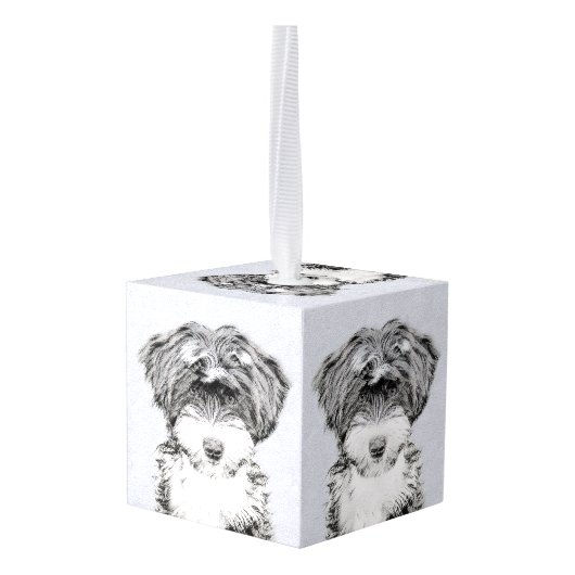 チベットテリア絵画ズ – かわいいオリジナルドッグアート キューブオーナメント (裏面アングル)