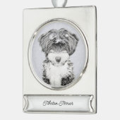 チベットテリア絵画ズ – かわいいオリジナルドッグアート シルバープレートバナーオーナメント (左)