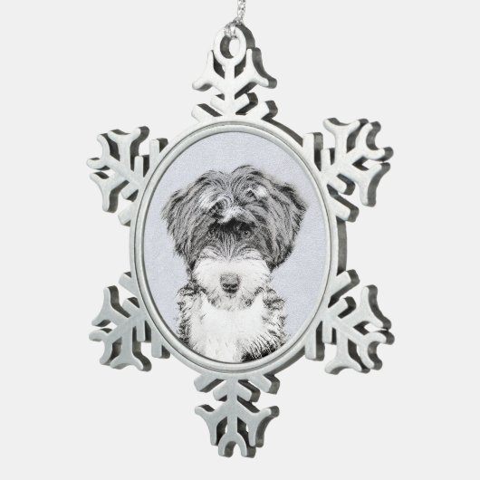 チベットテリア絵画ズ – かわいいオリジナルドッグアート スノーフレークピューターオーナメント (右)