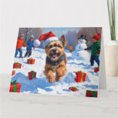 チベットテリア走ーのクリスマス帽子と雪の カード (正面)
