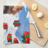 チベットテリア走ーのクリスマス帽子と雪の キッチンタオル (四つ折り)