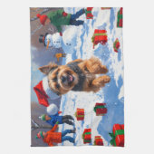 チベットテリア走ーのクリスマス帽子と雪の キッチンタオル (縦)