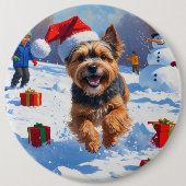 チベットテリア走ーのクリスマス帽子と雪の 缶バッジ (正面)