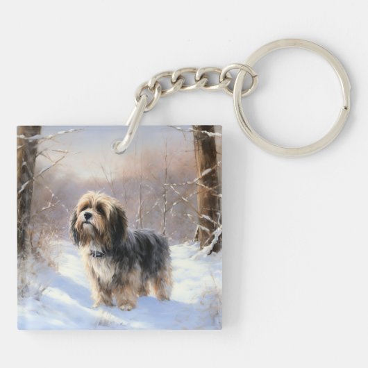 チベットテリア雪のクリスマスを許可 キーホルダー (裏面)