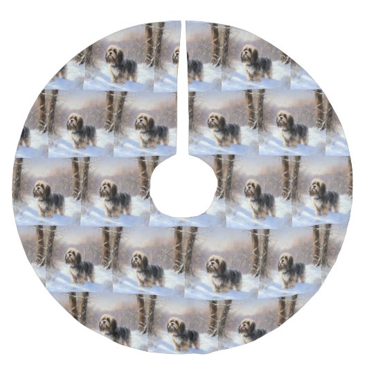 チベットテリア雪のクリスマスを許可 ブラッシュドポリエステルツリースカート (正面)