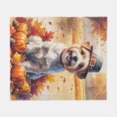 チベットテリアin紅葉感謝祭アート フリースブランケット (正面(横))