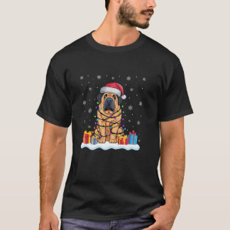 チベットマスティフドッグサンタハットクリスマスツリーの光 Tシャツ